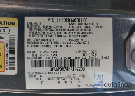 2017 Ford Fusion Se z USA, uszkodzony, nr VIN 3FA6P0H78HR142203